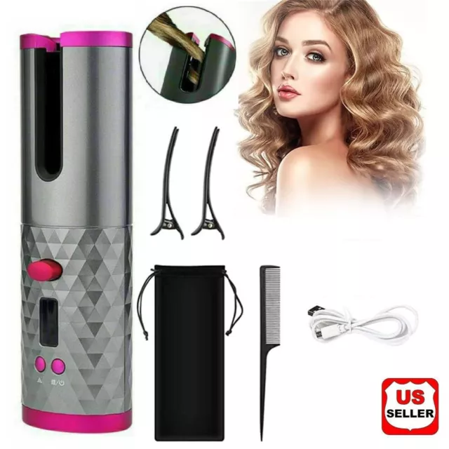 Cordless Automatic Rotating LCD Hair Curler Iron Hair Waver Curling w/ Comb Clip