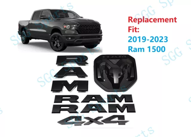 5PCS Matte Black Front Rear Door RAM Head 4x4 Emblem Badges 2019-2023 Ram 1500