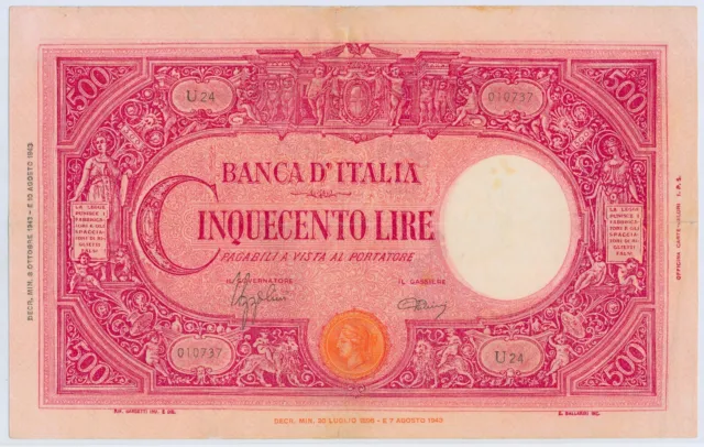 Italy 500 Lire 08. 10. 1943, Serial # U24 010737, P.70a_F/F+