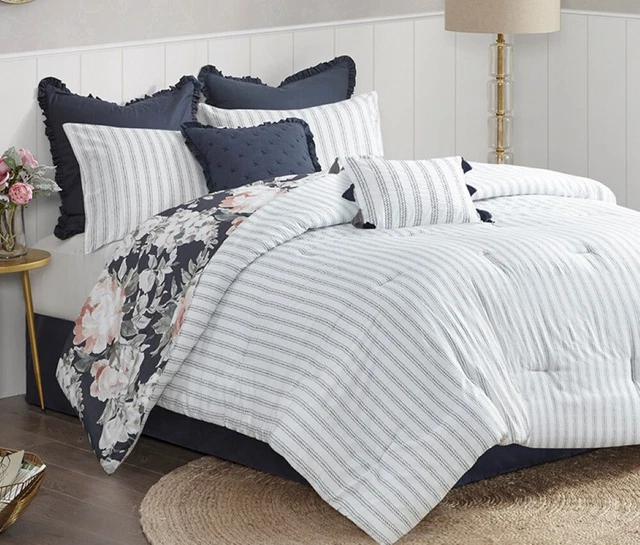 FARMHOUSE BLUE TICKING STRIPE 8pc Cal King COMFORTER SET :  CHIC ROSE FLORAL