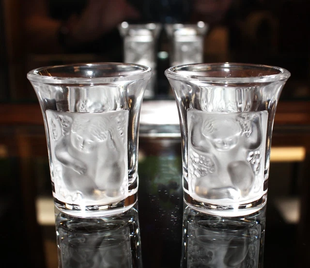 Pair of French Lalique Crystal Enfants Cameo Frosted Liquor Shot Glasses, Signed