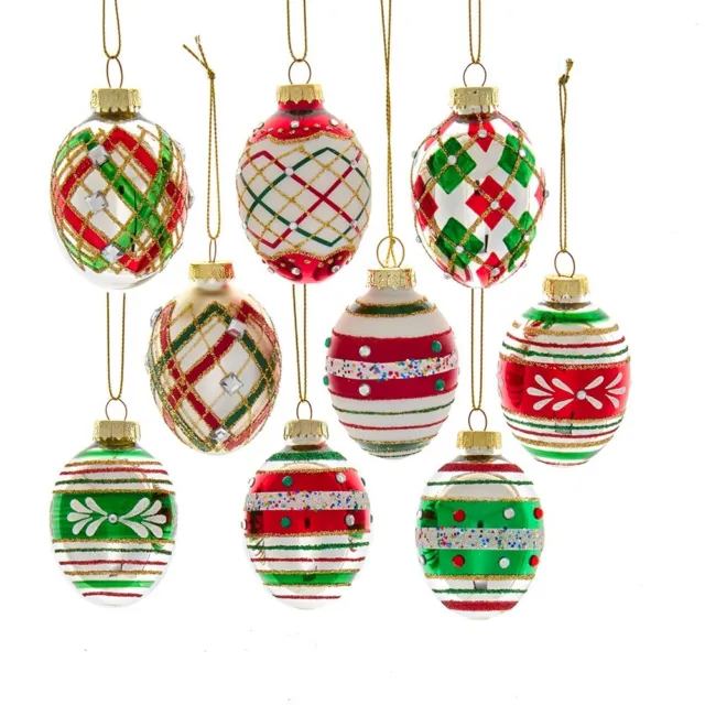 Red Green Decorated Egg European Glass Christmas Ornament Set 9 1.75" Kurt Adler