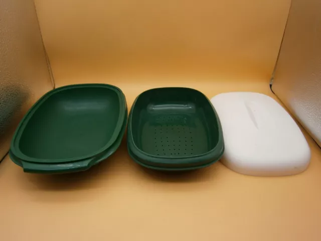 Tupperware #1273-4 Forest Green 3 Piece Vegetable/Rice Steamer Strainer Vintage