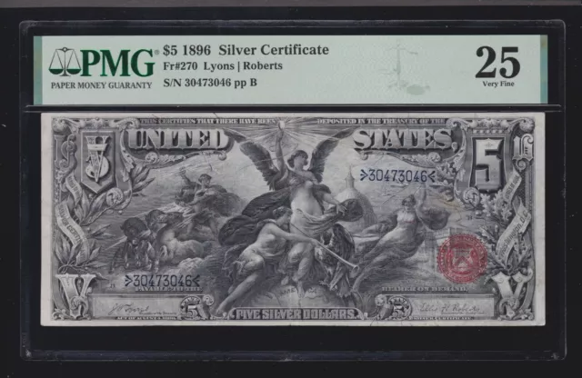 US 1896 $5 Education Silver Certificate FR 270 PMG 25 VF (046)