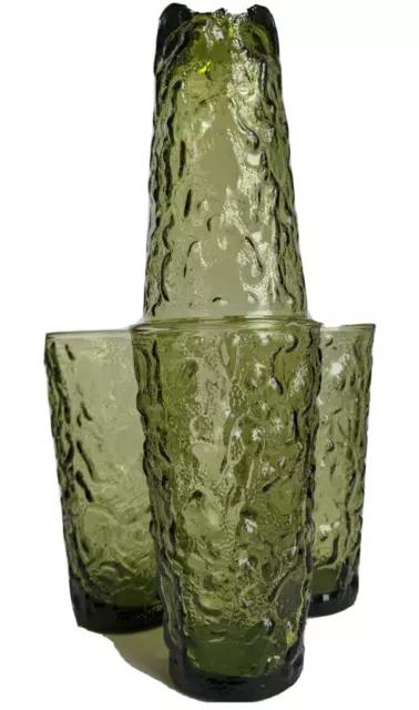 Set 4 Vintage Green Drinking Glasses Hocking Lido Milano lava Crinkle Tumbler
