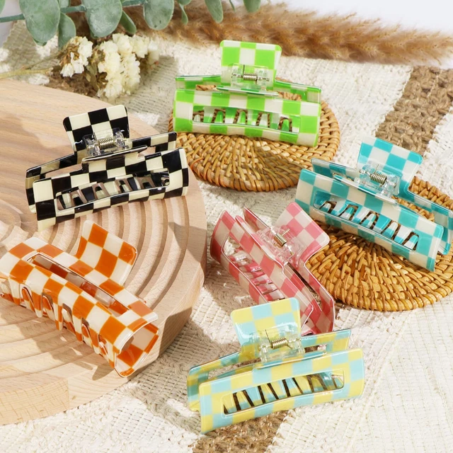 6 Pack Checkered Hair Claw Clips,3.1", Multicolored Square Medium Hair Clips, No