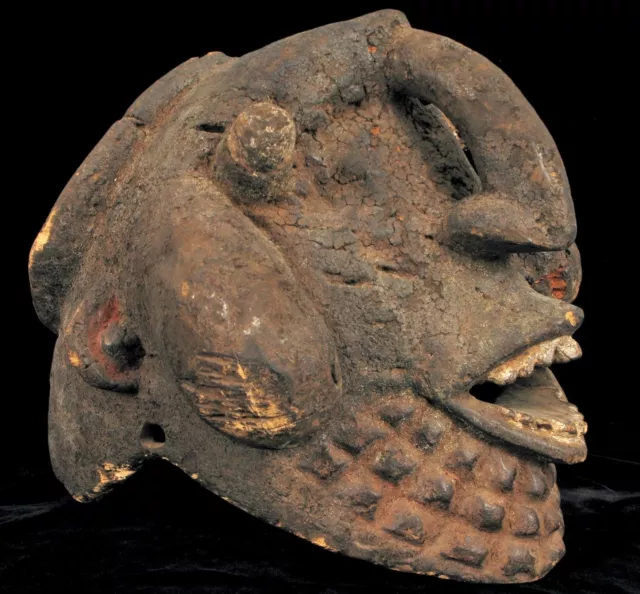 Antique African Hand Carved Wood Mask Tribal Dance With Stand Unique Eyes Congo