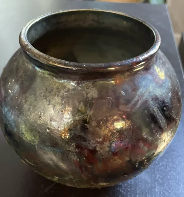 Vintage Raku Pottery Vase Pot Signed Metallic Iridescent Glaze