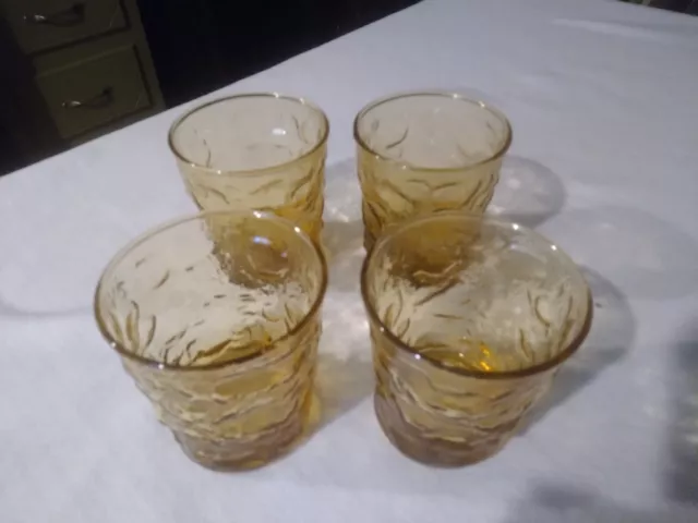 Set Of 4 Anchor Hocking Amber Lido Milano Juice Glasses Crinkle Honey Gold 3.5"