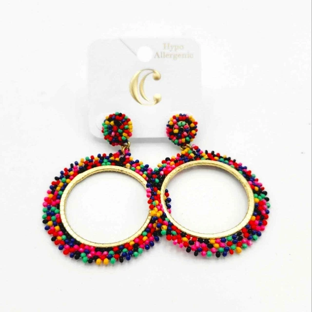 Charming Charlie  Gold Tone Colorful Seed Bead Hoop Earrings NWT