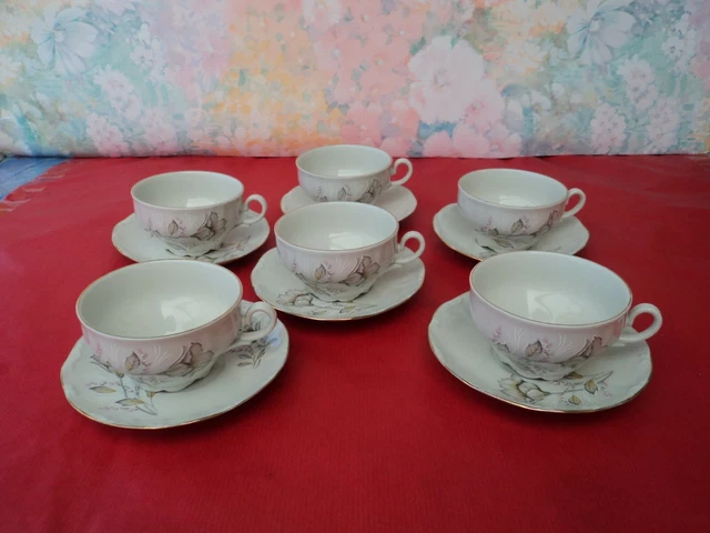 Service à Café Fleuri Porcelaine Chine - 6 Tasses Et Soucoupes - Parfait état