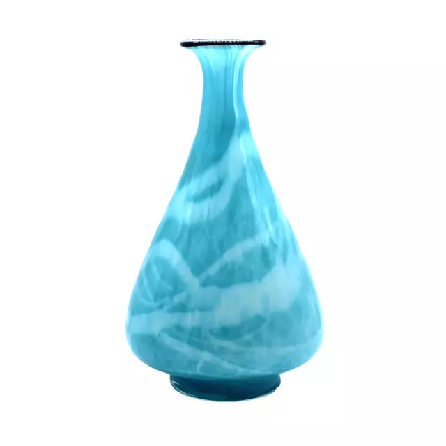 Hand Blown Cased Light Blue and White Art Glass Vase 12" Tall Abstract Waves 3