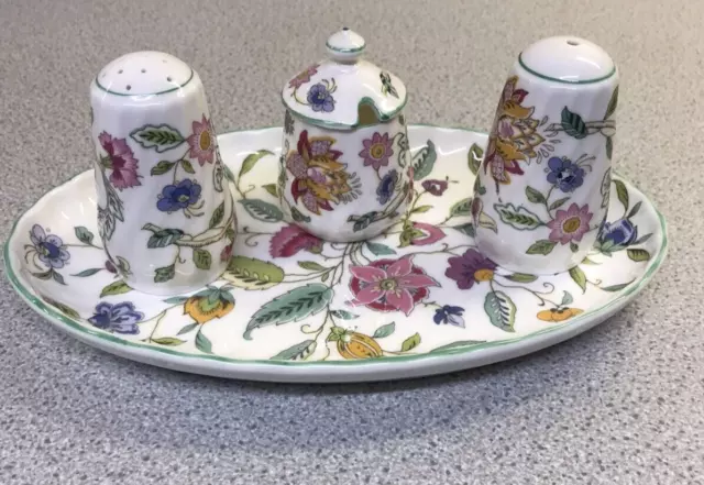 Minton Haddon Hall 3 Piece Cruet Set + tray Plate