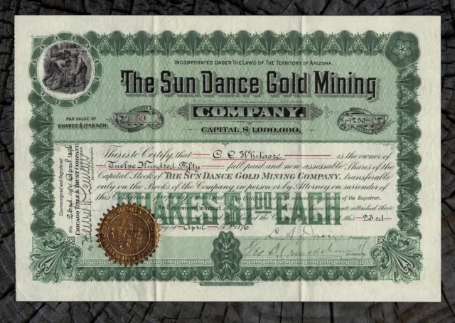 1896 ARIZONA TERRITORY Sun Dance Gold Mining Co. Stock Certificate ⛏ Yavapai Co.