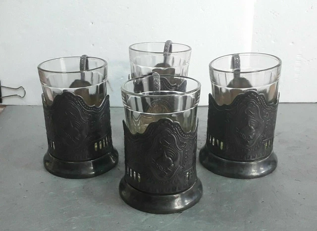 Sovietico, URSS, podstakanik d'argento, portabicchieri in vetro per tè,...