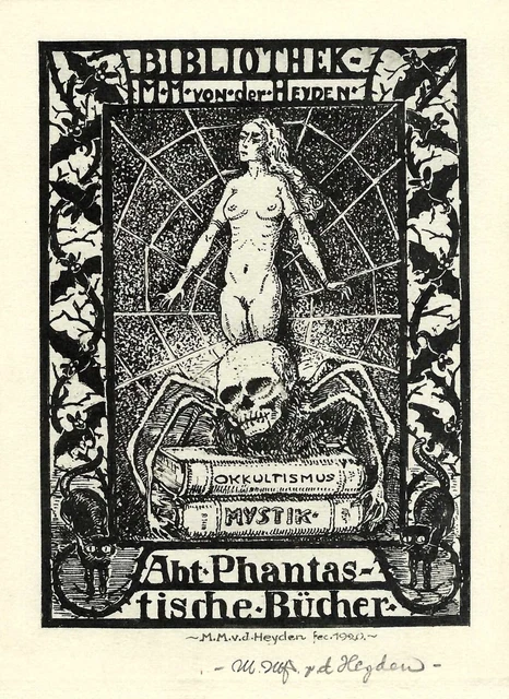 M. M. v. d. Heyden: Exlibris / Weibl. Akt, Spinnennetz, Riesenspinne, Totenkopf M. M. v. d. Heyden: Exlibris / Weibl. Akt, Spinnennetz, Riesenspinne, Totenkopf