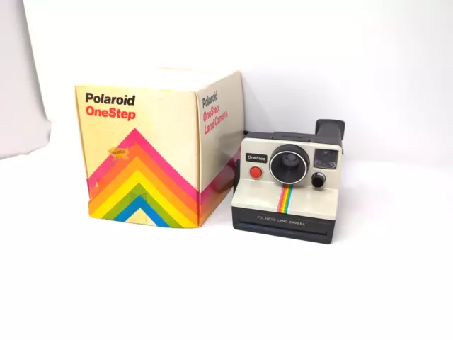 Polaroid SX-70 OneStep White Rainbow Stripe Land Camera Vintage 70s 80s w/ box