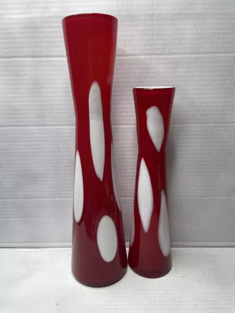 Pair Set Pier 1 Imports Tall Red White Spots Art Glass Vase Home Decor 19” & 15”