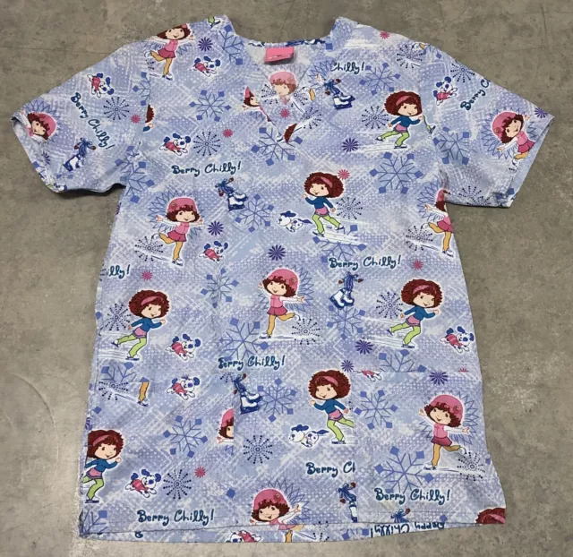 Women’s Blue Strawberry Shortcake Character Print Scrub Top V-Neck Size Small S