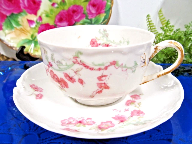 HAVILAND LIMOGES FRANCE tea cup and saucer pink rose garland bow