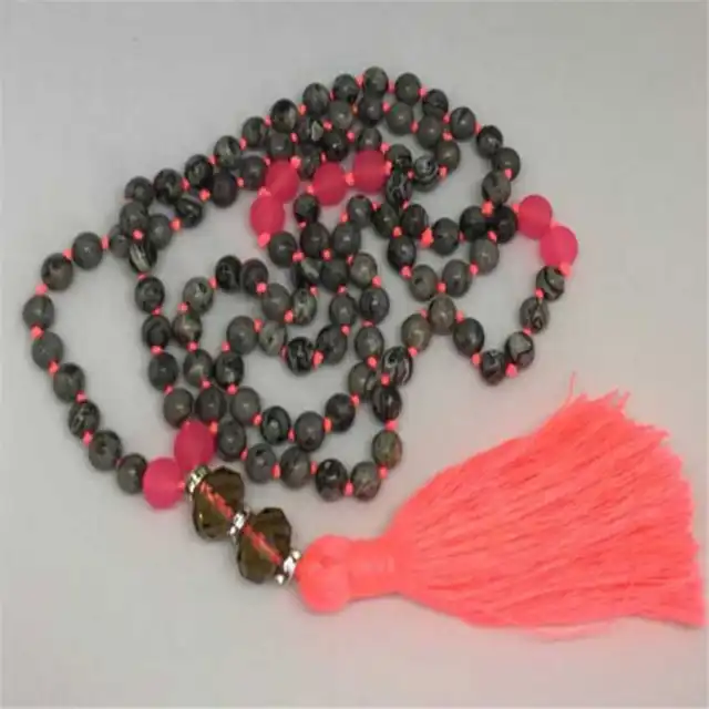 8mm Black Strip Stone Mala necklace 108 Beads Gemstone Tassel Yoga Peace