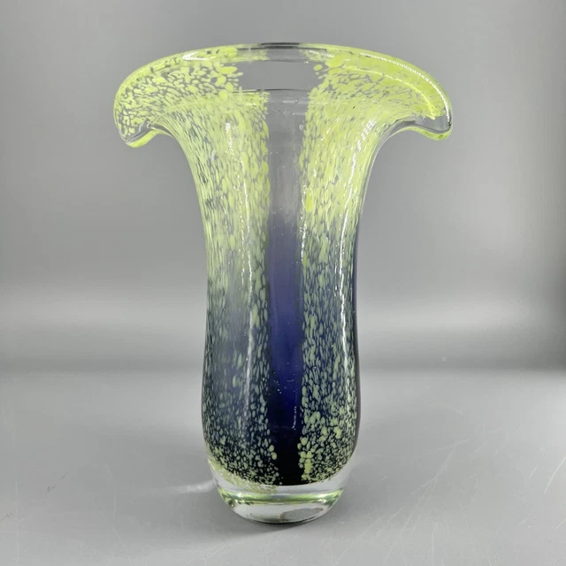 Teleflora Blown Glass Tulip Shape Cobalt Blue Lime Green Speckled 8" Heavy Vase