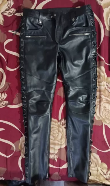 Mens Black Motorcycle Leather Pant. 2023 Real Soft Lambskin Side Lace Biker Pant