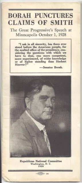 ID Sen. Wm BORAH Punctures AL SMITH'S Claims Pamphlet 1928 ~ Pro Herbert Hoover