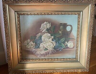 antique rose bee insect glass bottle oil PAINTING Victorian vtg gilt gold frame