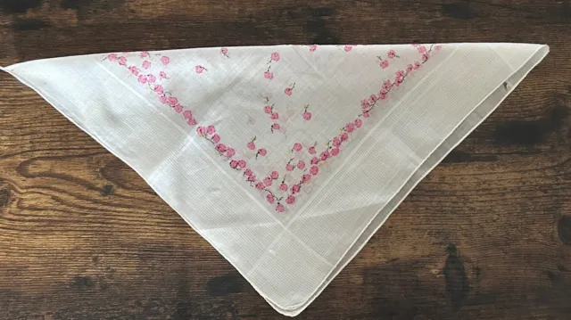 Vtg Spring Handkerchief Hanky White Pink Cherry Blossoms Print Cotton 12”Square