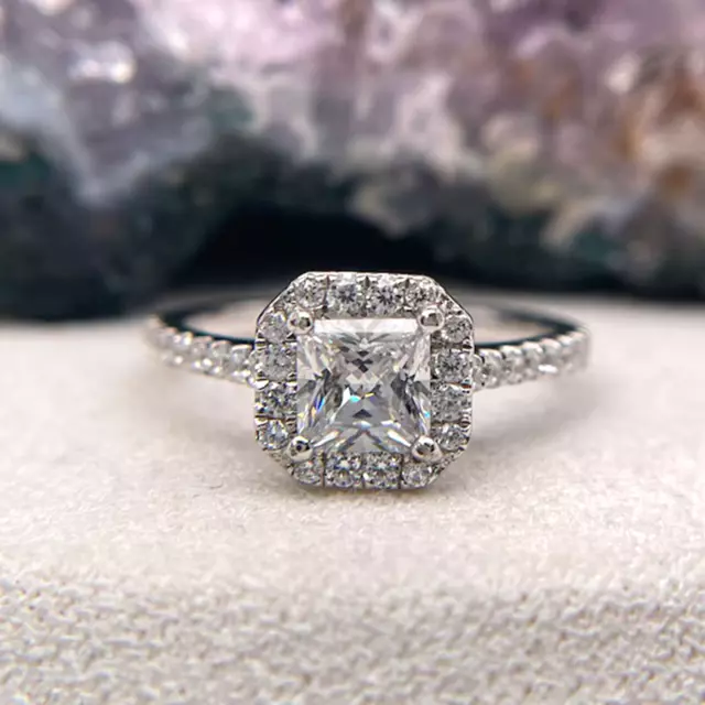 14K White Gold Finish 2.00 CT Princess Cut Diamond Halo Wedding Engagement Ring