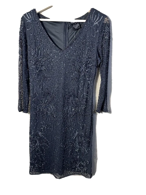 Pisarro Nights Formal Dress Size 6 Navy Sequin & Beaded Sheath Dress