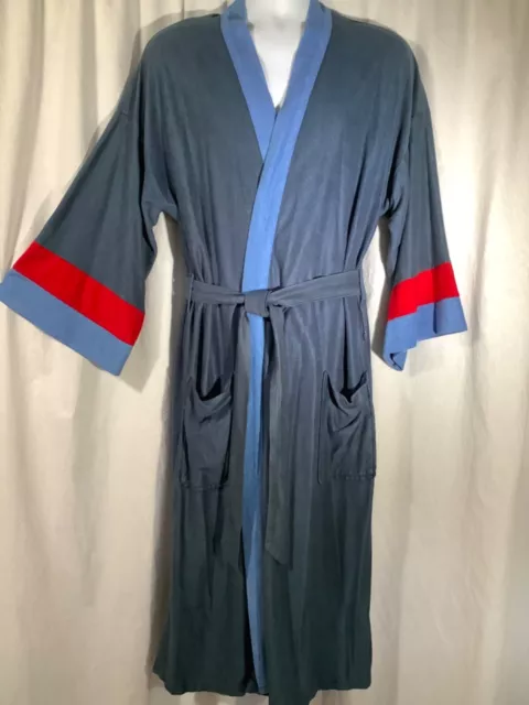 Vintage mens 70s velour Robe disco 3/4 sleeve Teal blue Kimono style red Stripe