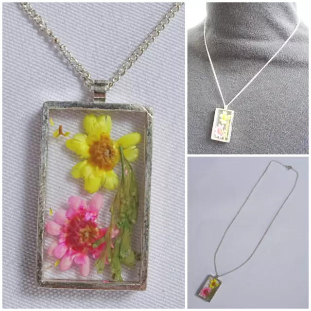 Vintage 1960s Necklace Pendant Pressed Flowers Glass White Metal Chain 60s