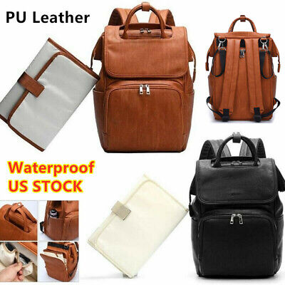 Brown Faux Leather PU Mummy Diaper Backpack Baby Nappy Travel Bag Changing Pad