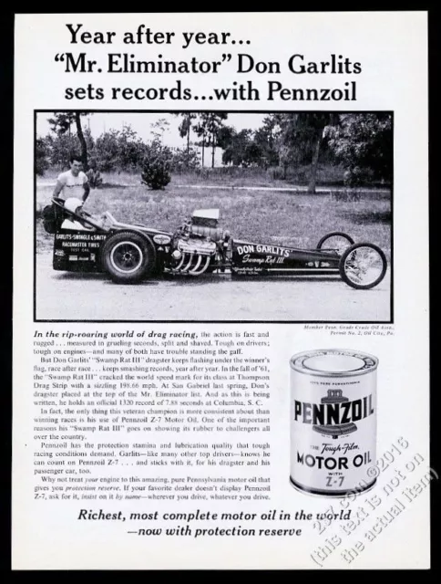 1962 Don Garlits and dragster photo Pennzoil motor oil vintage print ad