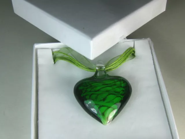 hand blown glass pendant necklace heart green Murano style boxed   Ribbon  18"