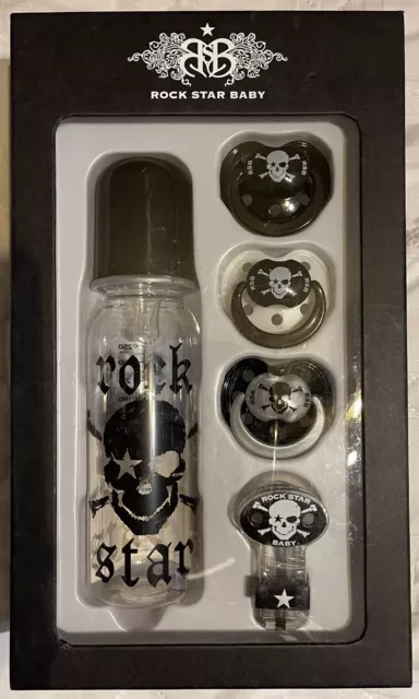 Brand New Rock Star Baby BabyBox Pirate Skull 5 Piece Gift Set Bottle Pacifiers