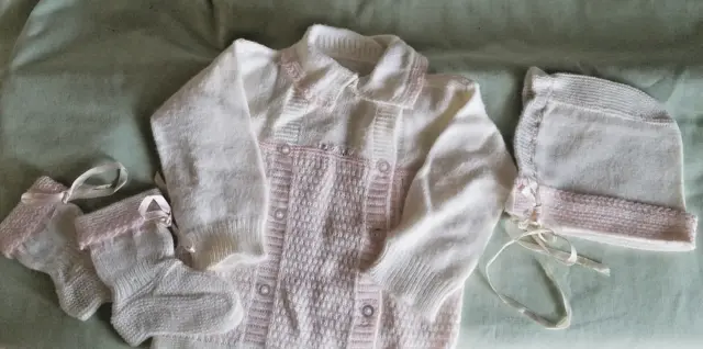 Vintage Baby Girl Pink/White Knitted Baby Sweater, Hat, Booties