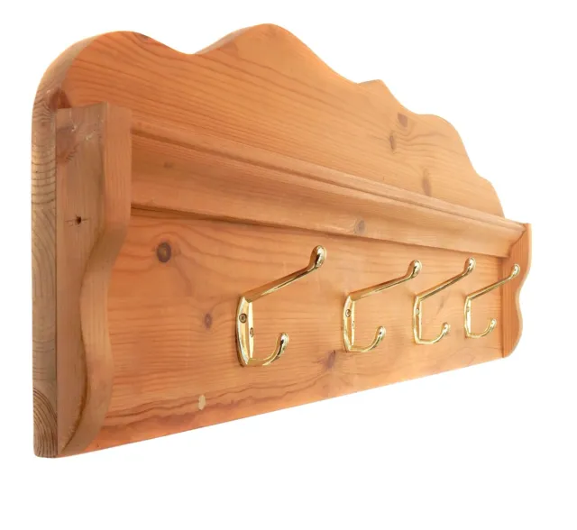 29.5in Solid Wood COAT RACK HANGER w 4 Brass Double Hooks Handmade Rustic Look.