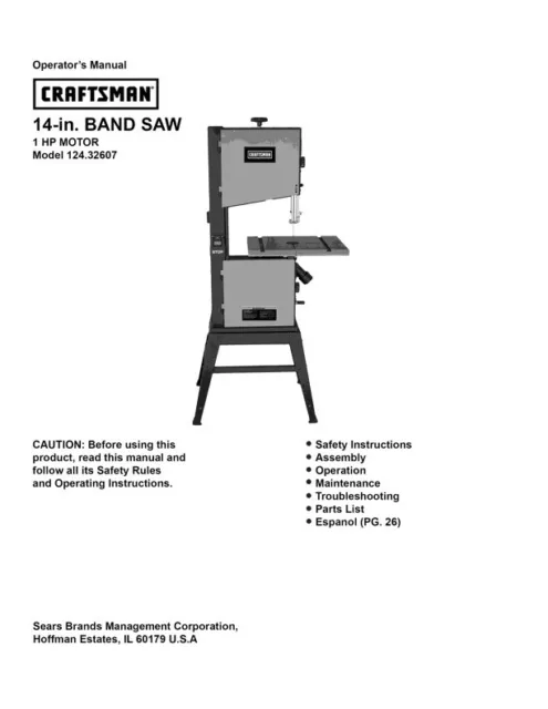 Owner's Manual & Parts List  Sears Craftsman 14" Band Saw - Model 124.32607