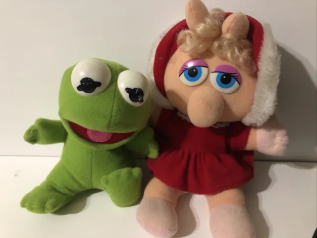 VTG 1987 Lot Baby Kermet & Miss Piggy Stuffed Plush Christmas Jim Henson Muppet