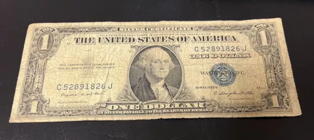 1935 G $1 SILVER CERTIFICATE BLUE SEAL  Vintage USA Currency #1826J Vintage $1