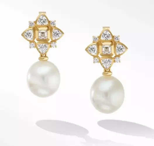 $6200 David Yurman 18K Gold Renaissace Trillion Drop Pearl Diamond Earrings
