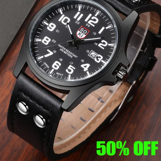 Mens Watches Military Leather Date Canvas Quartz Analog Army Casual Wrist Watch