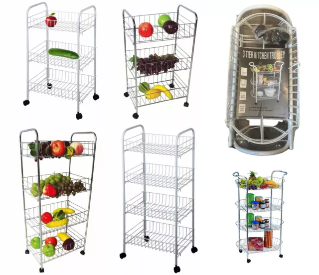 3/4 Tier Kitchen Shelf Trolley on Wheel Cart Vegetable Rack Fruit Basket Storage