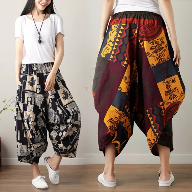 Women Wide Leg Trousers Ethnic Cotton Linen Bloomers Floral Print Baggy Pants 2