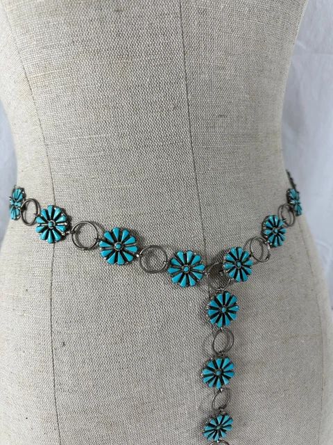 Sterling Native American Petit Point turquoise teardrop shaped concho belt retro Sterling Native American Petit Point turquoise teardrop shaped concho belt retro