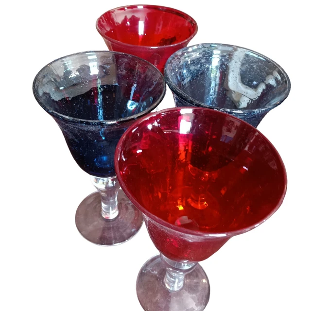 4 Handblown Wine Goblets  Bulb Stem with Air Bubbles. 2 Ruby Red 2 Cobalt Blue