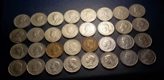 Canada King George V And King George VI Era Set Of 32 Different 5 Cent Coins.